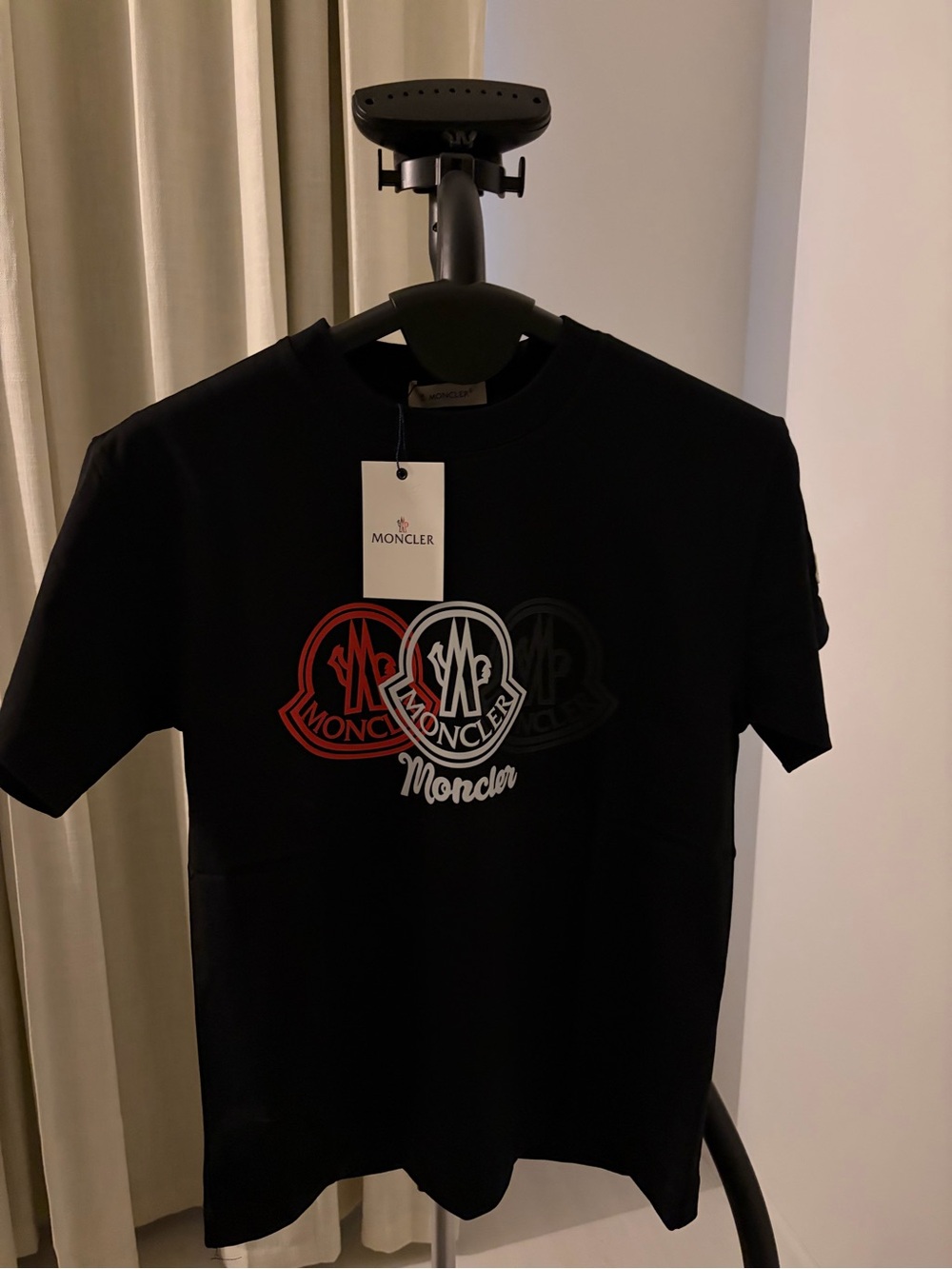 Moncler Black Short Sleeve Logo Graphic Tee with Red & White Accents